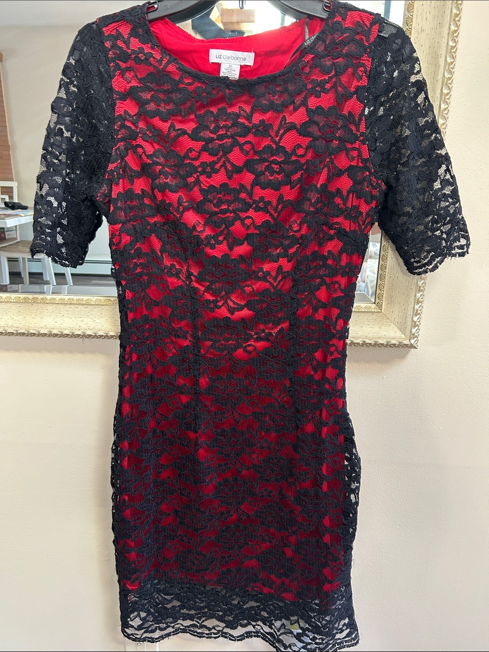 Liz Claiborne Red Dress with Black Lace Overlay